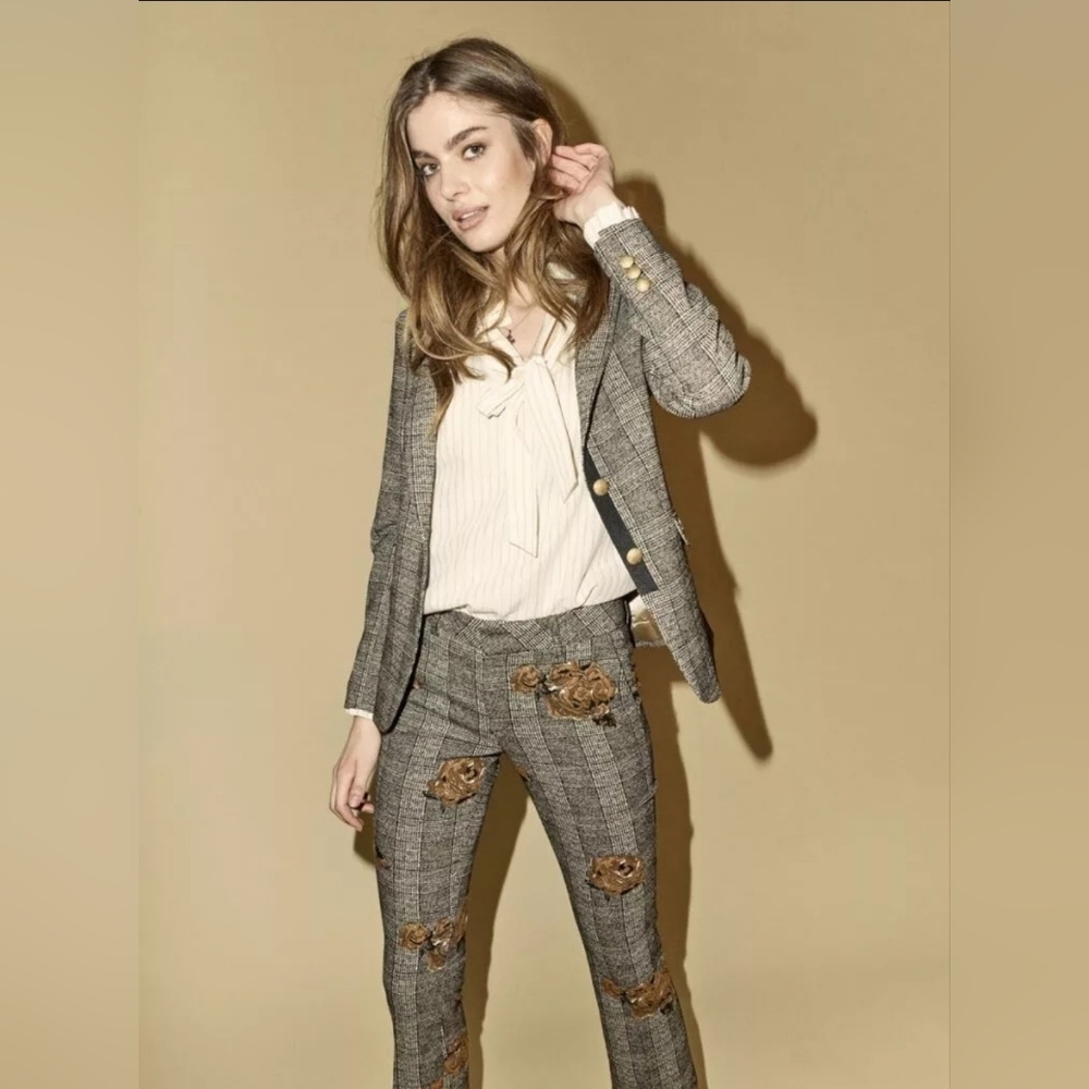 Mos Mosh Ivana shannon Checkered Pants Crop Dress Trousers Floral Appliqué 27